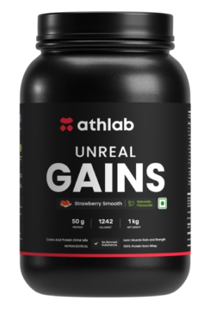 athlab-by-nutrabay-unreal-gains-mass-gainer-organic-tapioca-naturally-flavoured-sweetened-with-monk-fruit-50g-protein-1242-caloreis-easy-digesting-weight-gain-protein-powder-strawberry-smooth-1-kg