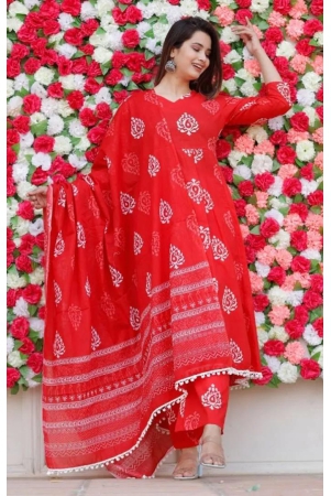 stylish-cotton-printed-anarkali-women-kurta-pant-set-with-dupatta-xl-red