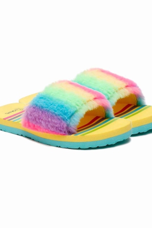 ONYC Kids Slippers for Girls, Premium Rainbow Fur Sliders, Yellow