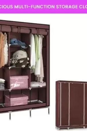 SAFE-O-KID Collapsible Wardrobe Portable Foldable, Clothes Racks, Portable Cupboard with 6 + 2 Shelves, 3-Door Fancy Collapsible Wardrobe, (Large Size) Brown, 125 * 41 * 160cm