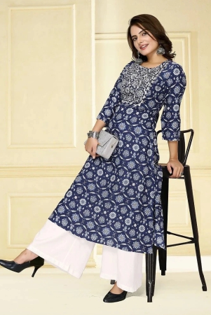 Rangita Women Rayon Blue Embroidered Calf Length A-line Kurti - None