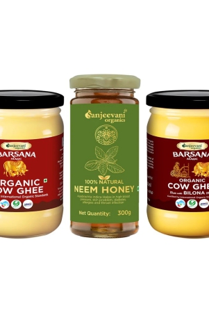 sanjeevani-glass-jar-pack-of-3-100-natural-neem-honey-raw-unprocessed-natural-neem-honey-300g-barsana-organic-cow-ghee-500ml-pure-natural-healthy-lab-tested-barsana-magic-bilona-ghee-made-by-natural-bilona-process-500ml