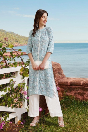 Rangita Women Rayon Light Blue Printed Calf Length A-line Kurti - None