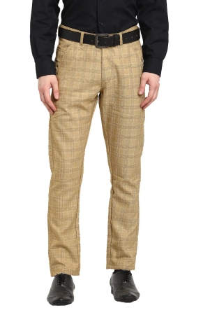 Indian Needle Mens Beige Cotton Checked Formal Trousers-32 / Beige