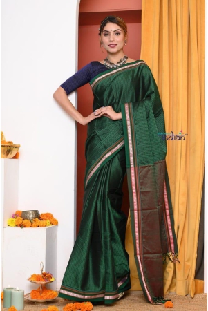 handwoven-traditional-khun-cotton-silk-authentic-saree-dark-green-with-red-border