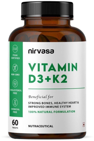 Nirvasa Vitamin D3 + K2 Tablets, to Support Bone & Heart Health, enriched with Calcium carbonate, Vitamin D3 and Vitamin K2-7 (1 X 60 Tablets)