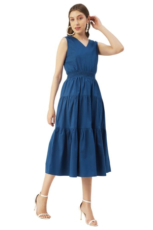 Moomaya Solid Cotton Sleeveless Dress, V-Neck Smocked Waist Tiered Midi Dress