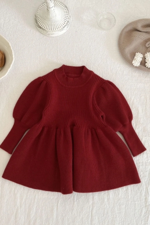 Girls Puff Sleeves Knitted Dress-Maroon / 1 to 2 Years