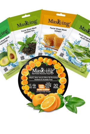 MasKing Beauty Facial Sheet Mask Avocado, Green Tea, Honey & Aloe Vera Ideal for Women & Men (Combo Pack of 4) | Orange Nail Polish Remover 30