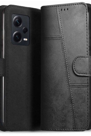 NBOX - Black Artificial Leather Flip Cover Compatible For Redmi Note 12 ( Pack of 1 ) - Black