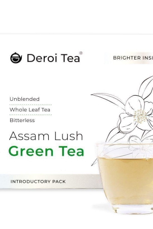 DEROI TEA Assam Lush Green Tea | CARBON-FREE DRIED TEA | 100% Natural Whole Leaf | Assam Tea | 1Bud & 2 Leaves| BITTERLESS | Antioxidant Rich - 100 gm - 100 gm - 100 gms Whole Leaf Green Tea - 60 Cups