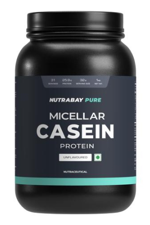 Nutrabay Pure 100% Micellar Casein Protein - 25.9g Protein & 5.5g BCAA, Slow Digesting Anti-Catabolic Protein - 1kg Unflavoured