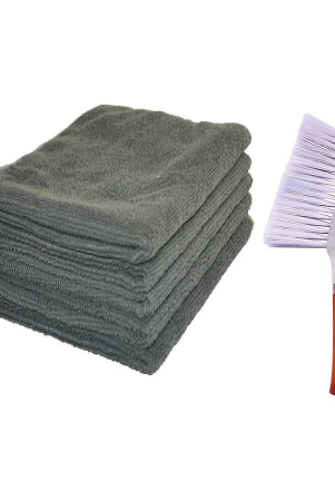 INGENS Combo of Car and Carpet Cleaning Brush and Microfiber Cleaning Cloths,40x40cms 250GSM Highly Absorbent, Lint and Streak Free,Wash Cloth for Car, Window Grey(Pack of 5 Cloth and 1 Brus