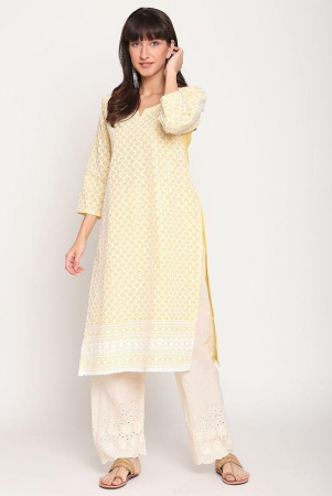 Queenley - Yellow Cotton Women's Straight Kurti ( Pack of 1 ) - L