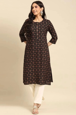 Rangita Women Rayon Black Gold Printed Calf Length Straight Kurti - None