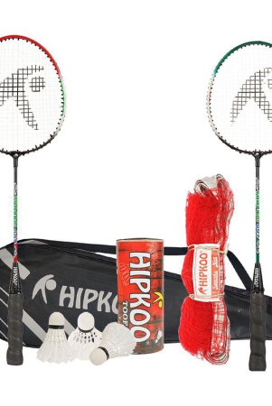 hipkoo-sports-toofani-heavy-duty-aluminum-badminton-complete-racquets-set-2-wide-body-racket-3-shuttlecocks-and-net-ideal-for-beginner-flexible-lightweight-sturdy-red-green-set