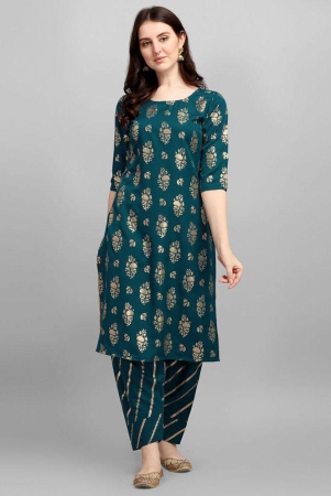 gufrina Rayon Printed Kurti With Salwar Womens Stitched Salwar Suit - Teal ( Pack of 1 ) - None