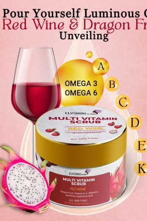 Multi Vitamin Scrub Dragon Fruit, Allantoin, Red Wine, Hyaluronic Acid, Enriched with Vitamin A+C.