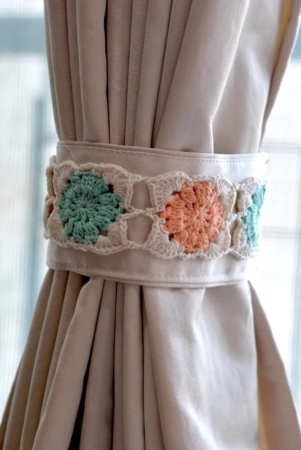 Hand Crafted Crochet Curtain Tiebacks Peach and Teal