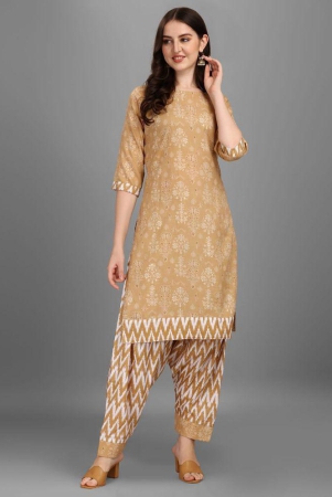gufrina Cotton Blend Printed Kurti With Salwar Womens Stitched Salwar Suit - Beige ( Pack of 1 ) - None