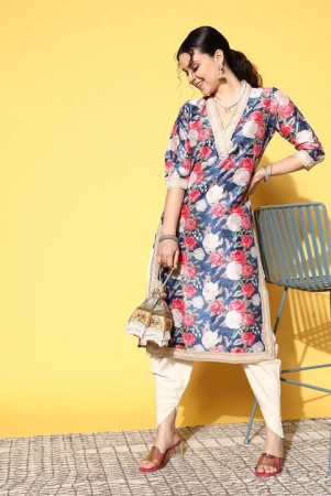 women-navy-blue-floral-printed-pleated-kurta-with-dhoti-pants