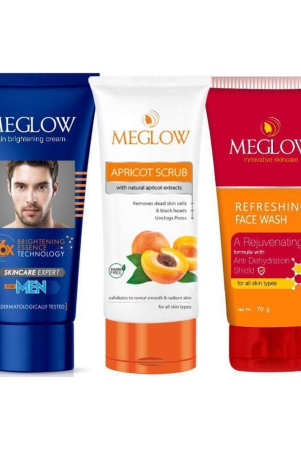 meglow-mens-premium-fairness-cream-50-gm-apricot-scrub-70-gm-refreshing-face-wash-70-gm