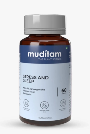 Muditam Ayurveda Stress and Sleep With Muscle Recovery & Nerve Relaxation | Helps You Sleep Soundly and Relieve Sore Muscles, Wake Up Fresh & Energetic | For Men & Women | 60 Tablets