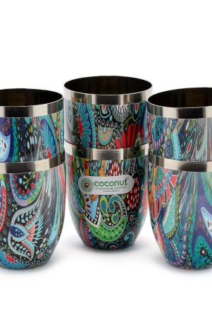 coconut-stainless-steel-printed-designer-multi-color-water-glasstumbler-capacity-300ml-pack-of-6-glasses