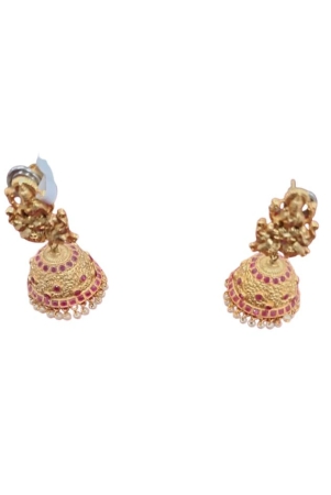 Exquisite Goddess Lakshmi Antique Gold Plated Jhumka Earrings with Pink Stones and Pearls