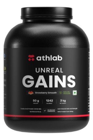 athlab-by-nutrabay-unreal-gains-mass-gainer-organic-tapioca-naturally-flavoured-sweetened-with-monk-fruit-50g-protein-1242-caloreis-easy-digesting-weight-gain-protein-powder-strawberry-smooth-3-kg