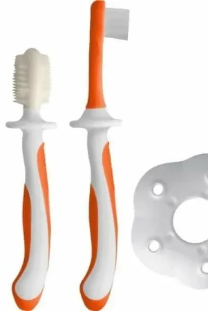 Luvlap Baby Training Toothbrush Set With Anti Choking Shield Teeth Tongue Cleaner 3 Pc(White/Orange)