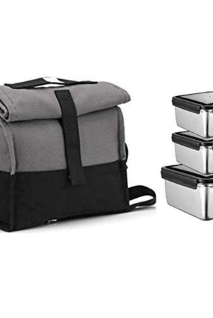Femora High Steel Square Storage Container Lunch Box with Grey Bag - Set of 3