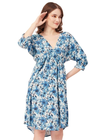 Moomaya Printed Quarter Sleeves Short Dress, Knee Length Flared Hem Summer Dress