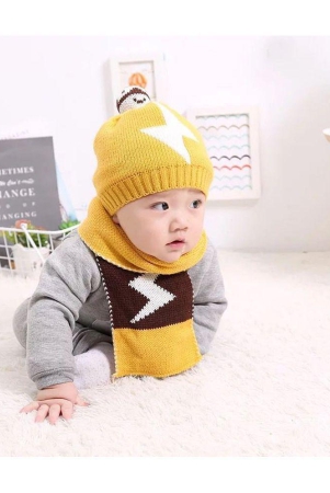 penyan-winter-woolen-beanie-cap-for-babies-girls-boys-with-muffler-yellow-none