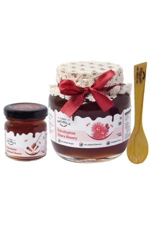 farm-naturelle-eucalyptus-forest-100-pure-raw-un-processed-honey-400-gms-with-cinnamon-honey-and-a-wooden-spoon