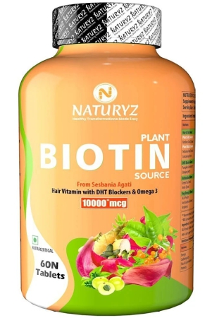 NATURYZ 100% Plant Based Biotin with DTH Omega 3 for Strong Hairs, Nails, Glowing Skin - 60 Tablets