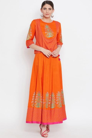 Women Orange Printed Top with Skirt