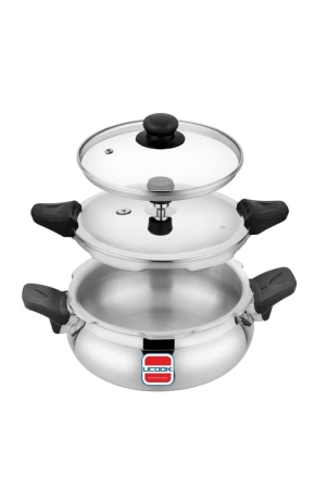 UCOOK By UNITED Ekta Engg. Aluminium Duo Lid 2 in 1 Induction Base 5 Litre Handi Shape Multipurpose/All in one Outer Lid Pressure Cooker with Glass Lid, Silver