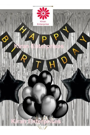 kiran-enterprises-happy-birthday-banner-black-2-foil-star-black-2-fringe-curtain-silver-30-metallic-balloon-black-silver-