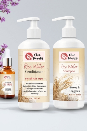 chic-beauty-hair-care-combo-kit-for-strong-root-and-long-hair-rice-bran-hair-oil-100ml-rice-water-shampoo-300ml-rice-water-conditioner-300ml-hair-growth-serum-30ml