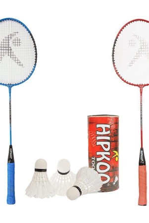 hipkoo-sports-star-aluminum-badminton-complete-racquets-set-2-wide-body-rackets-and-3-feather-shuttlecocks-ideal-for-beginner-flexible-lightweight-sturdy-blue-red-set-of-2