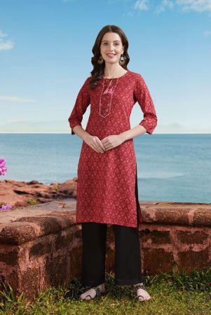 Rangita Women Cotton Red Embroidered Knee Length Straight Kurti - None