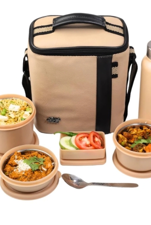 lunch-box-set-with-insulated-bag-and-steel-cutlery-3-microwave-safe-steel-containers-bpa-free-290ml-450ml-600ml-plastic-pickle-box-180ml-and-750ml-steel-water-bottlebeige