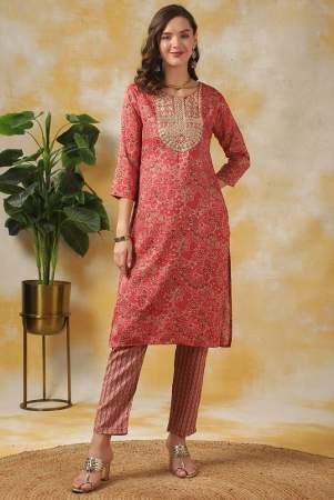 rangita-women-coral-rayon-zari-embroidred-straight-knee-length-kurta-with-pant-set-none