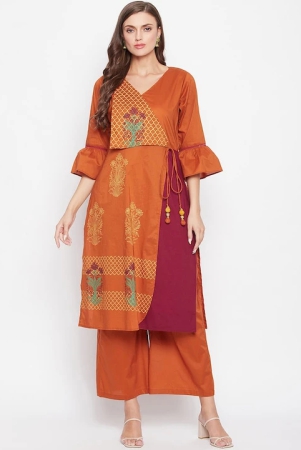 women-rust-maroon-floral-printed-angrakha-pure-cotton-kurta-with-palazzos