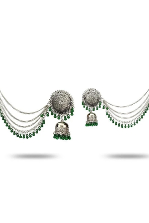 youbella-stylish-latest-design-combo-of-earrings-and-maang-tikka-jewellery-silver-plated-jhumki-earrings-for-women-green-ybear32664-green