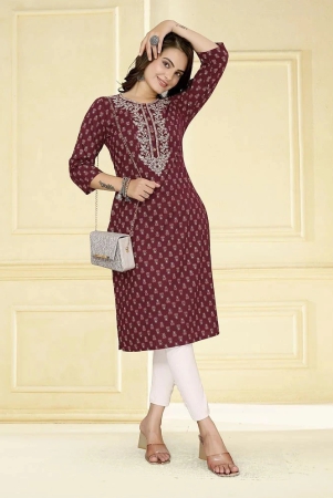 rangita-women-cotton-maroon-embroidered-calf-length-straight-kurti-none