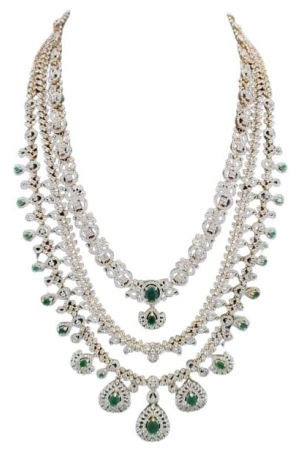 american-diamond-and-emerald-three-layer-necklace-set-in-gold