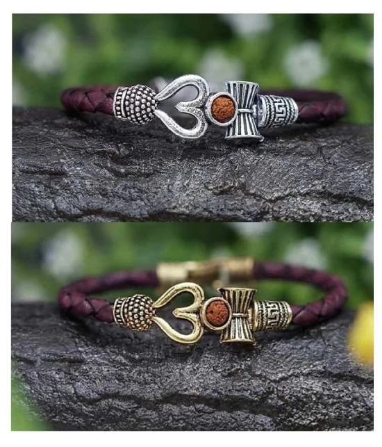 OM Trishul Damroo Designer Oxidized Gold & Silver Leather Kada Bracelet Set - None