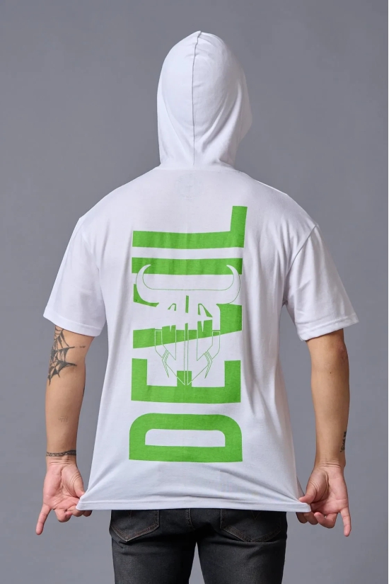 Devil (in Green) Printed White Hooded Oversized T-Shirt for Men XXL